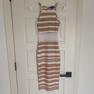 Snap Tan & White Striped Halter Midi with Sheer Midriff
